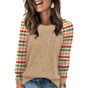 Women Red Yellow Plaid Imported Pull On Long Sleeve Lightweight Casual Sweaters